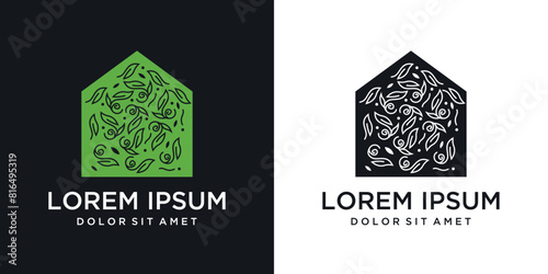 Green house nature logo design, leaf concept at home. inspirationAbstract leaf house logo