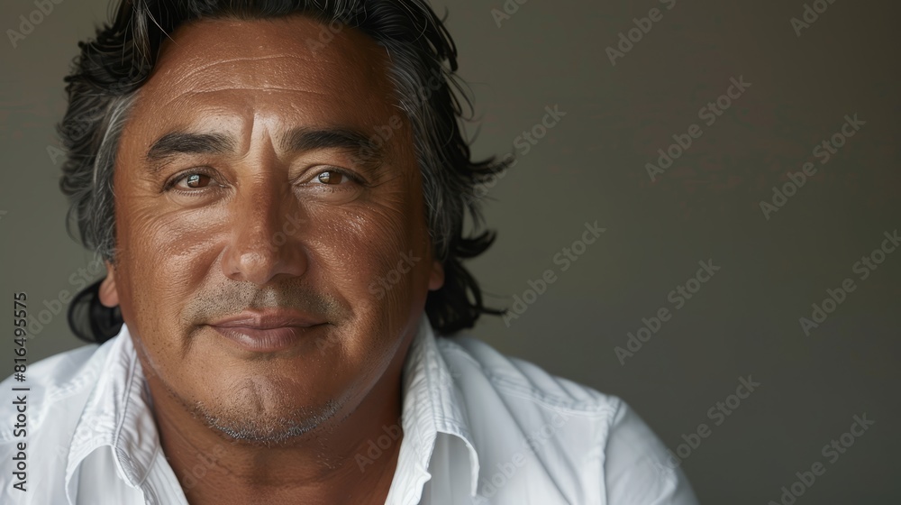 Obraz premium A man in a white shirt gazes intently into the camera with a serious expression