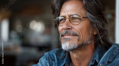  A tight shot of someone in a denim shirt and wearing glasses, gazing off-camera with a grave expression