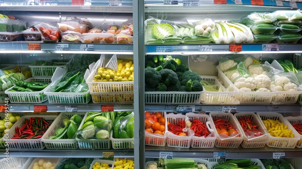 Various fresh vegetables displayed at grocery store