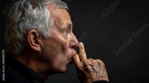  A person closely holds a finger to their lips against a black backdrop, looking away from the camera © Mikus