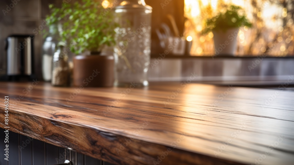 a rustic wooden kitchen counter with a blurred background a rustic wooden kitchen counter with a blurred background
