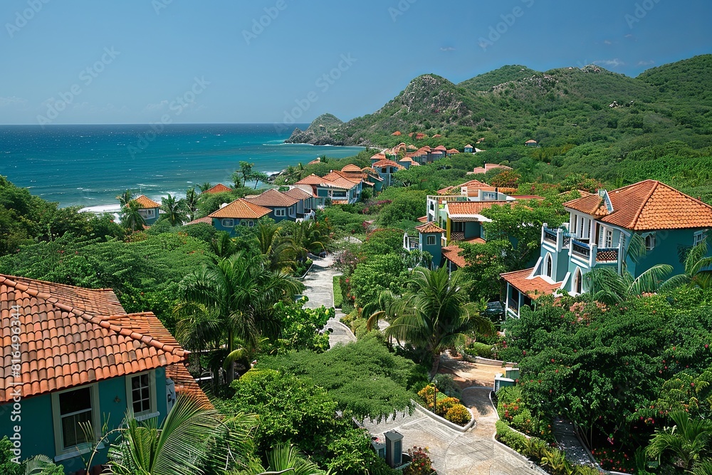 Fototapeta premium Serene Paradise: Blue Skies, Lush Trees, and White Shades