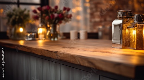 a rustic wooden kitchen counter with a blurred background