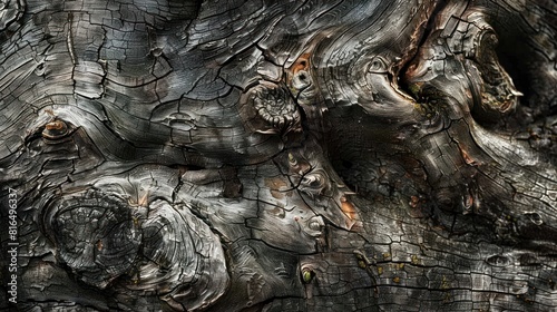  weathered tree trunk, its bark etched 