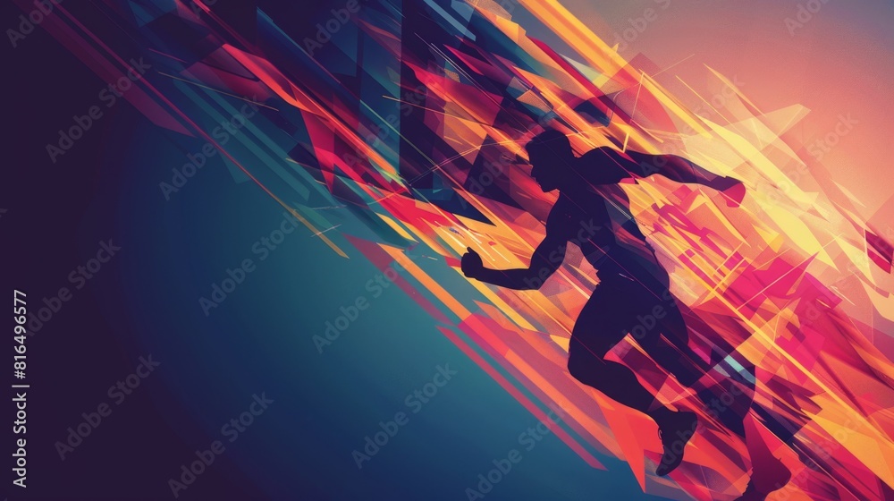 Striking geometric artwork of a runner in full stride, capturing the essence of speed and movement. Engage your audience with this eye-catching image. Striking geometric artwork of a runner in full stride, capturing the essence of speed and movement. Engage your audience with this eye-catching image.