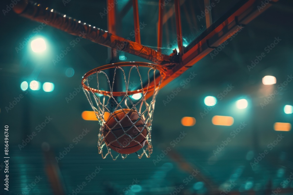 A basketball is in the net of a basketball hoop A basketball is in the net of a basketball hoop