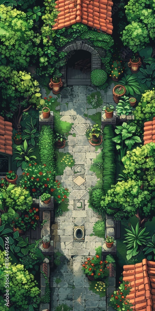 Serene pixel art garden scene with a cozy house in the distance generative ai Serene pixel art garden scene with a cozy house in the distance generative ai