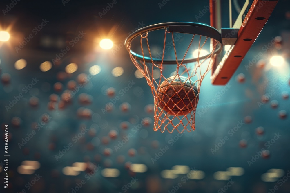 A basketball is in the net of a basketball hoop A basketball is in the net of a basketball hoop