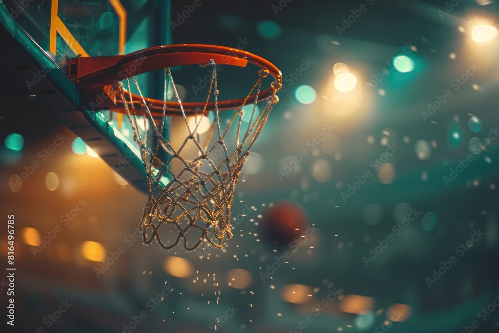 A basketball hoop with a basketball in the net A basketball hoop with a basketball in the net