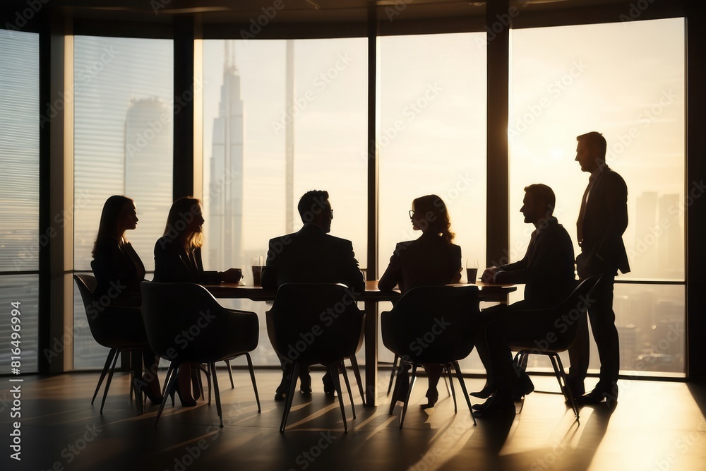 Obraz premium Silhouettes of business people in meeting room having discussion and brainstorming