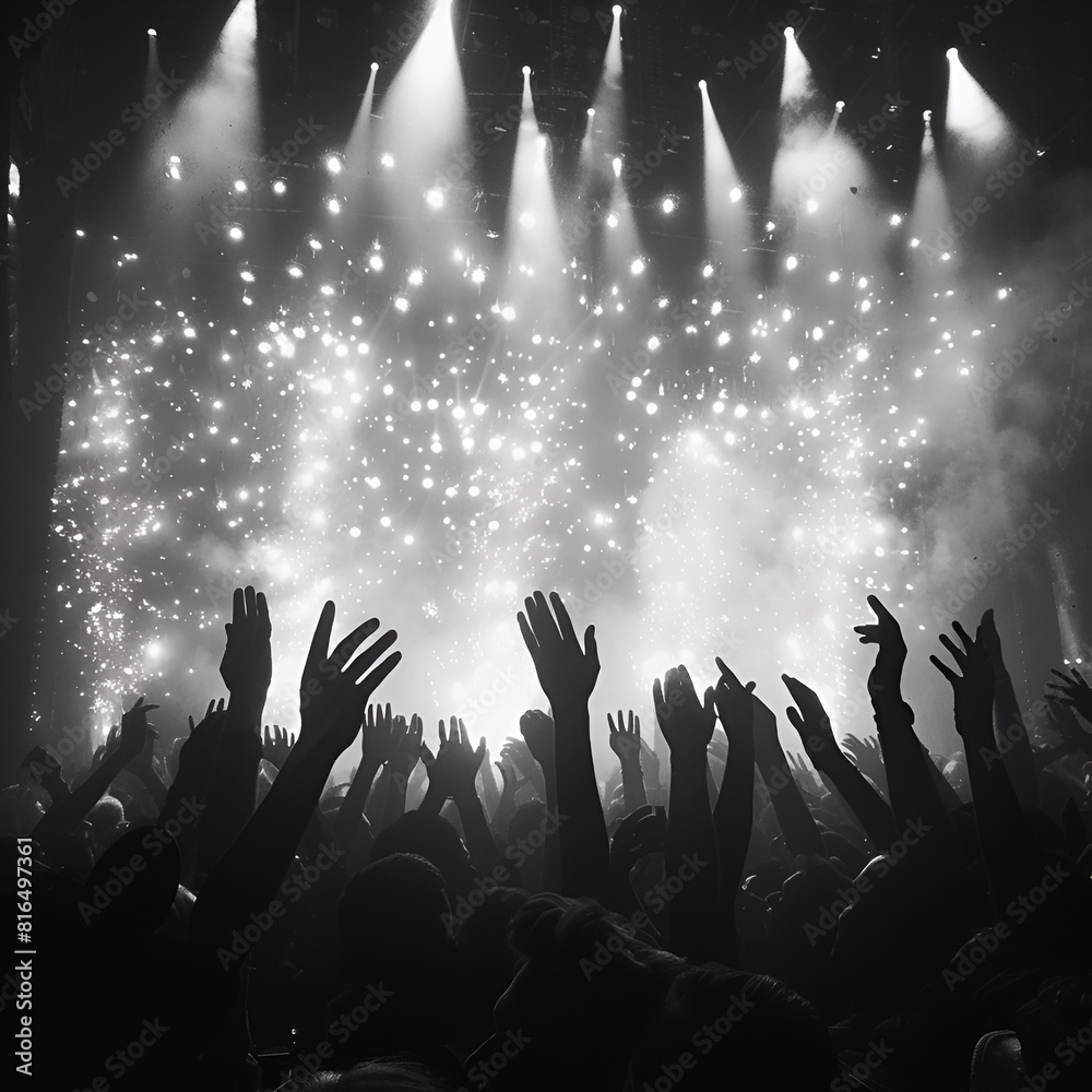 Black and white illustration of people raising hands at a singing and dance party, Generative AI