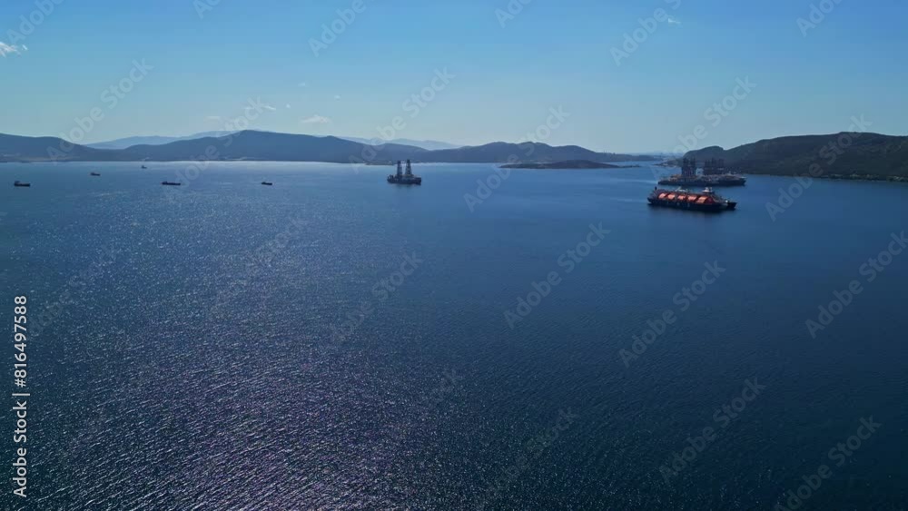 Aerial Drone Sea port Greek mountain islet landscape at Elefsina sea morning sun Aerial Drone Sea port Greek mountain islet landscape at Elefsina sea morning sun
