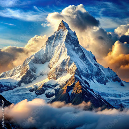 A majestic mountain peak covered in snow  against a clear sky with fluffy white clouds  representing strength and grandeur.