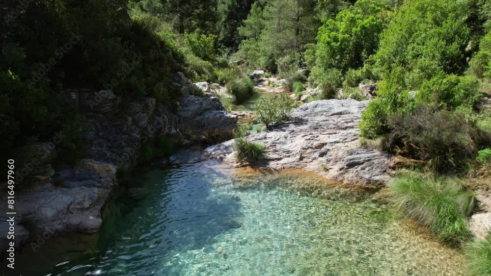 River with colorful green waters. River with crystal clear waters. Aerial view at water level. Green River. Spain. River with colorful green waters. River with crystal clear waters. Aerial view at water level. Green River. Spain.