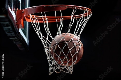 A basketball is in the net of a basketball hoop