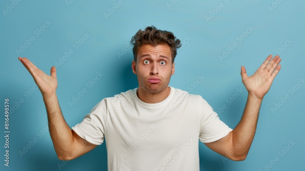 A man with a shocked expression, palms pressed against his blue-backed face A man with a shocked expression, palms pressed against his blue-backed face