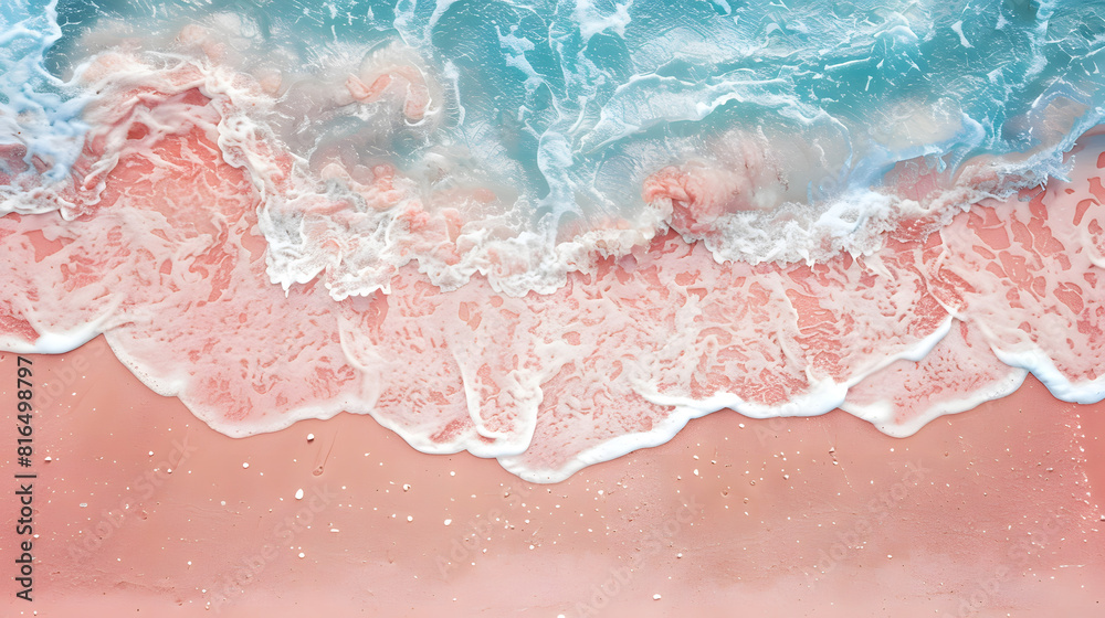 A pink beach background with blue sea water and white foam on the sand, top view, summer holiday concept