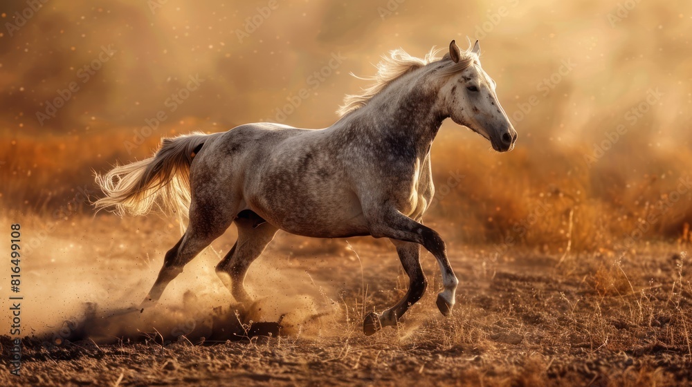 Fototapeta premium A brown horse, possibly a mare with her foal, gallops freely across a field