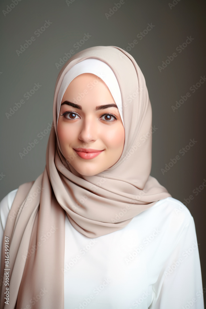 Portrait of a young smiling Muslim woman wearing a beige hijab on a gray background Portrait of a young smiling Muslim woman wearing a beige hijab on a gray background