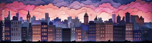 Cityscape at dusk  buildings and street lights spring up  urban twilight  popup art papercut 3D style