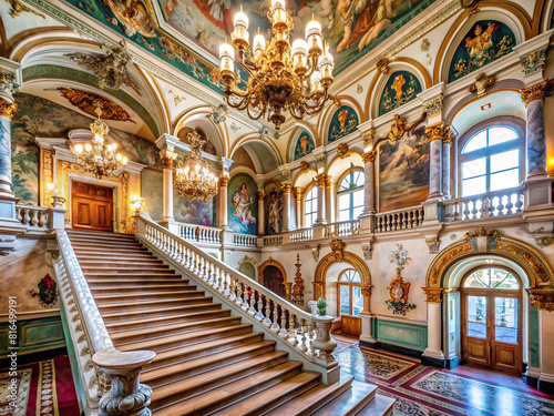 A magnificent staircase leading to a ballroom  decorated with frescoes and ornamental columns  embodying royal splendor.
