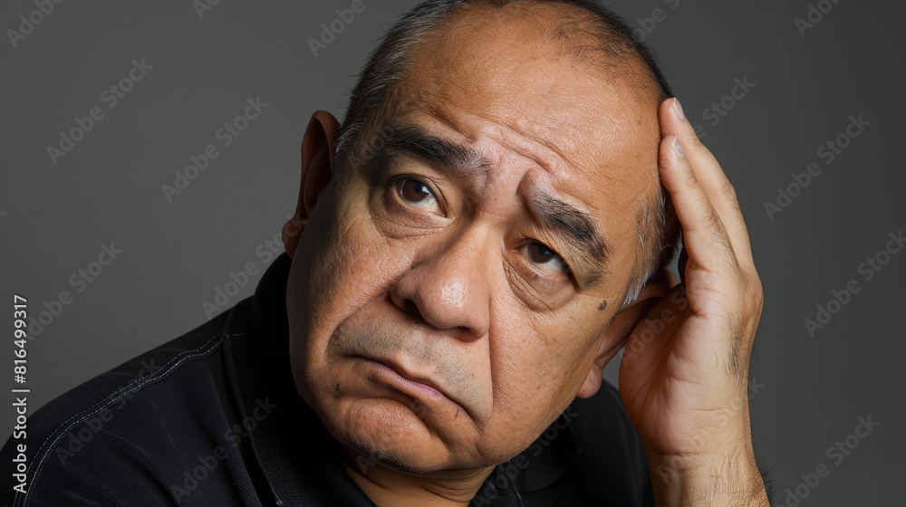 A tight shot of a man in a black shirt, touching his forehead with concern A tight shot of a man in a black shirt, touching his forehead with concern