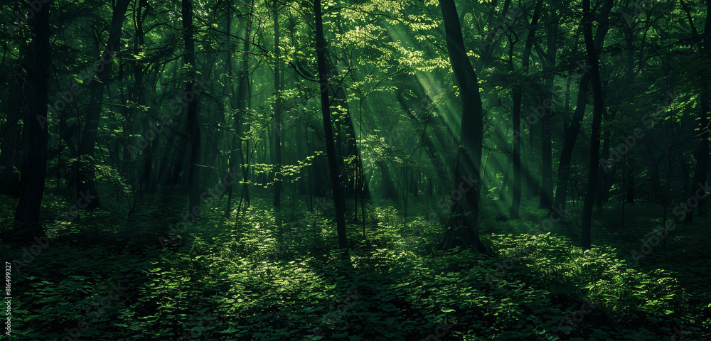 Naklejka premium Enchanted forest abstraction dark greens, mysterious.