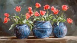 Bluish coiled containers with light red tulips in the shade