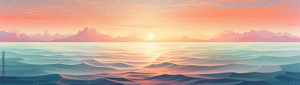 Sunrise over the ocean, warm to cool hues, horizon blending, color gradient papercut, 3D style Sunrise over the ocean, warm to cool hues, horizon blending, color gradient papercut, 3D style