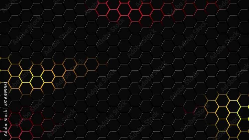 Dark hexagon geometry glowing tiles 3D animation neon LED luminance light shapes cyber digital pattern technology background color dark red orange