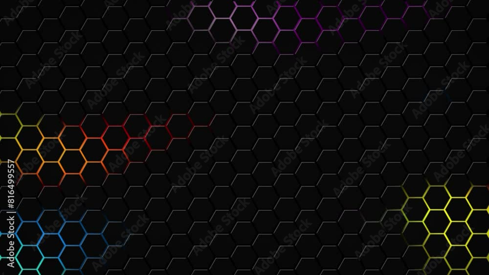 Dark hexagon geometry glowing tiles 3D animation neon LED luminance light shapes cyber digital pattern technology background color dark rainbow blue