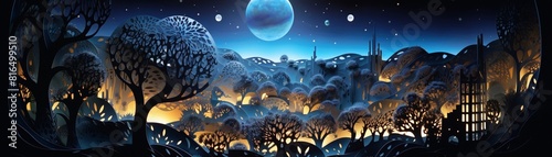 Starry night  moonlit floating gardens  tranquil and magical  celestial wonder  papercut 3D style