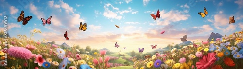 Spring meadow  wildflowers and butterflies  renewal of nature  seasonal 3D style