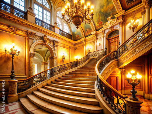 A majestic staircase bathed in golden light  exuding a sense of luxury and opulence.