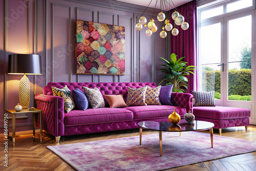 A modern living room design showcasing a luxurious purple sofa adorned with viva magenta  pink  and red patterns  adding vibrancy and personality to the space.