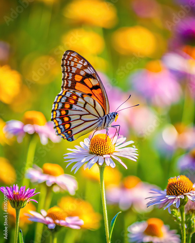 A solitary butterfly perched delicately on a blooming wildflower  adding a touch of whimsy to the serene natural setting