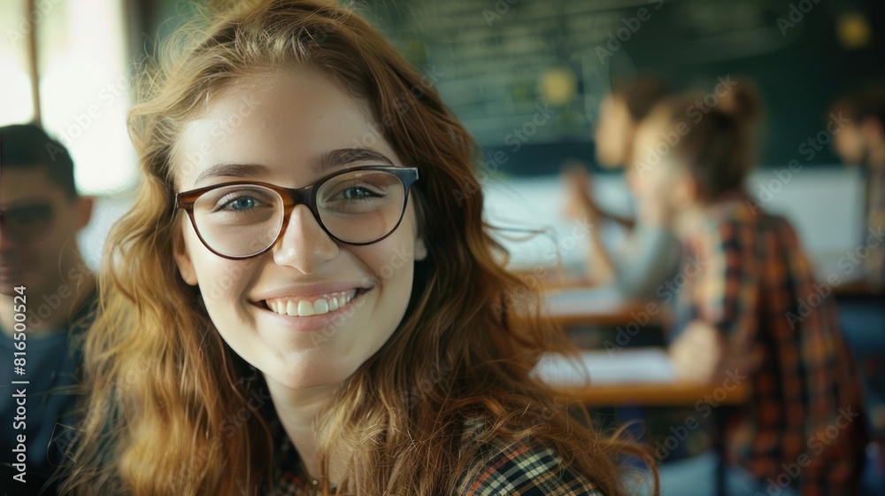 Portrait of a happy female student in the classroom Portrait of a happy female student in the classroom