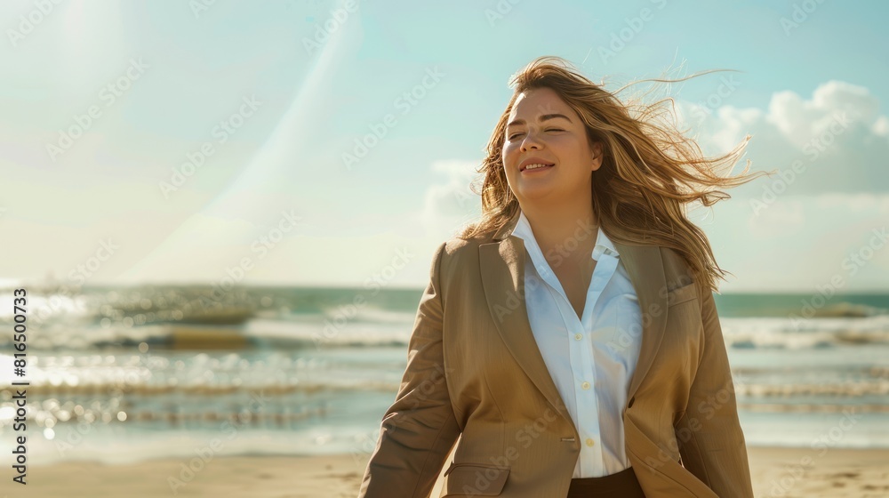 Plump businesswoman in a semi-formal suit walking on the beach, Plump businesswoman in a semi-formal suit walking on the beach,