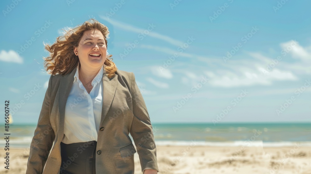 Plump businesswoman in a semi-formal suit walking on the beach, Plump businesswoman in a semi-formal suit walking on the beach,