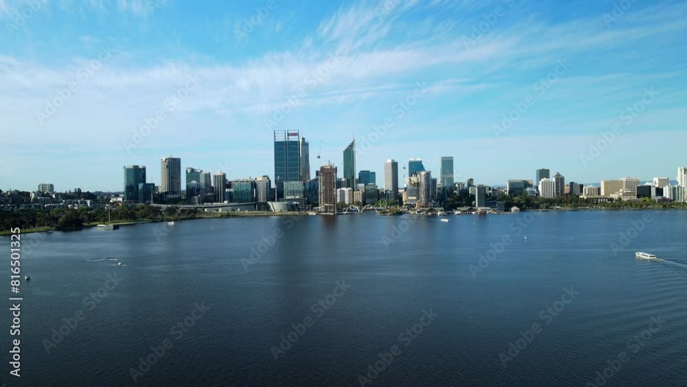 Panorama Of Perth Skyline With Swan River During Daytime In Western Australia. - aerial shot
