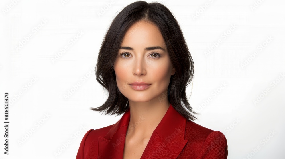  A person in a red suit poses for a photo against a white background