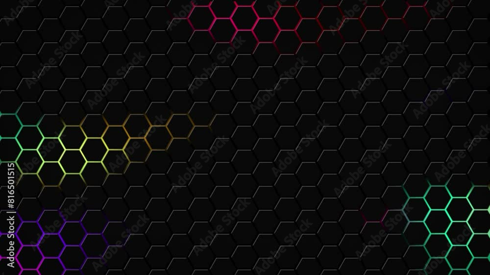 Dark hexagon geometry glowing tiles 3D animation neon LED luminance light shapes cyber digital pattern technology background color dark rainbow purple