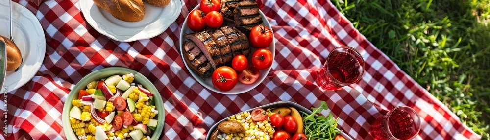 Memorial Day : A red and white checkered blanket is spread across the grass, laden with a delicious spread of food. Platters of BBQ favorites Memorial Day : A red and white checkered blanket is spread across the grass, laden with a delicious spread of food. Platters of BBQ favorites