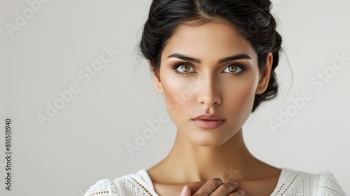  A stunning young woman poses for the camera, hands folded in front of her face, gaze direct