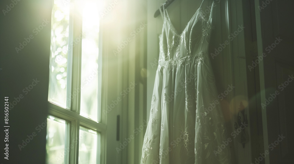 A woman's dress hung gently in the bedroom, the light radiating from outside the window gently illuminated it. Ai Generated Images A woman's dress hung gently in the bedroom, the light radiating from outside the window gently illuminated it. Ai Generated Images