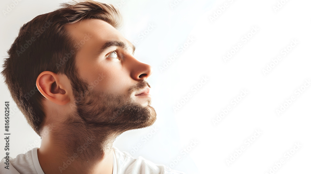 Fototapeta premium Side view of pensive man isolated on white : Generative AI