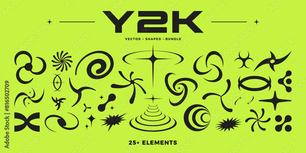 Y2K style set. Y2K retro futuristic elements for posters, flyers, banners, clothes, social media, graphic design. 2000s vector abstract shapes, symbols, frames and objects. Y2K aesthetics.