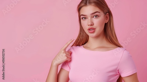  A stunning young woman in pink attire poses for a photo, touching her cheek with a fingertip and gazing directly at the camera