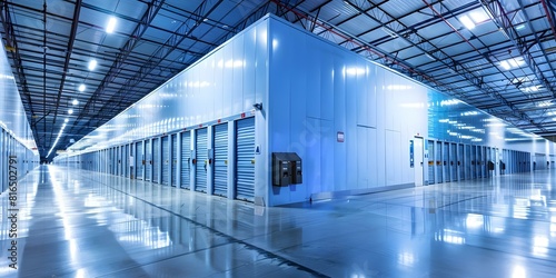 Image of empty warehouse storage units with locked selfstorage containers. Concept Storage facilities, warehouse organization, secure self-storage, locked containers, industrial storage, photo
